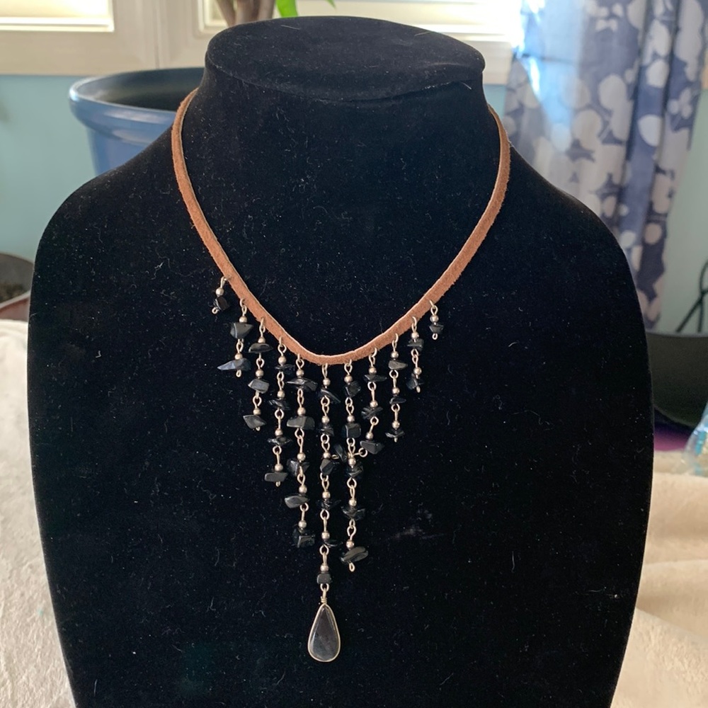 Leather necklace with black stones and silver clasp
